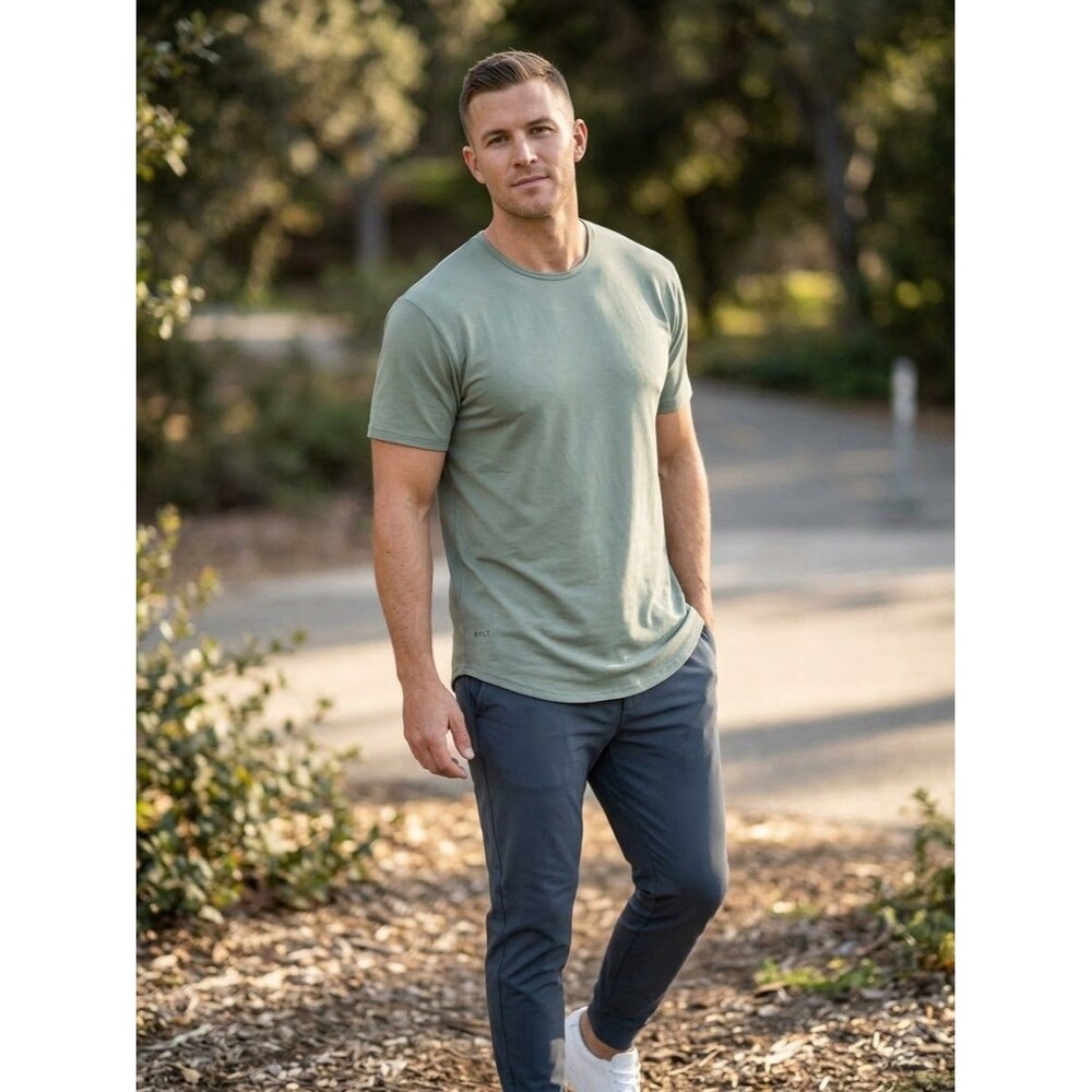 BYLT Basics Mens Drop Cut LUX Short Sleeve T Shirt Sage Green Curved Hem XXL